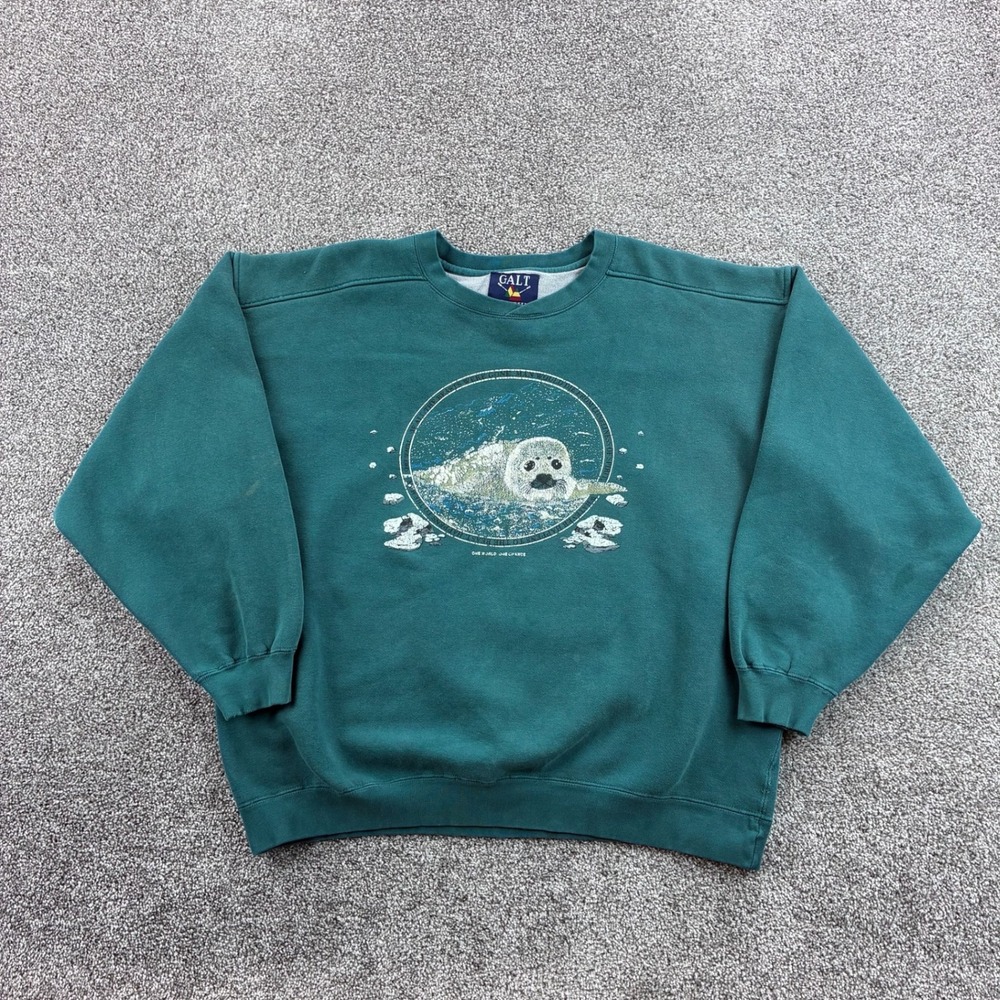 Vintage Arctic Seal Sweatshirt Mens Large Teal Seal Nature One World Heavy
